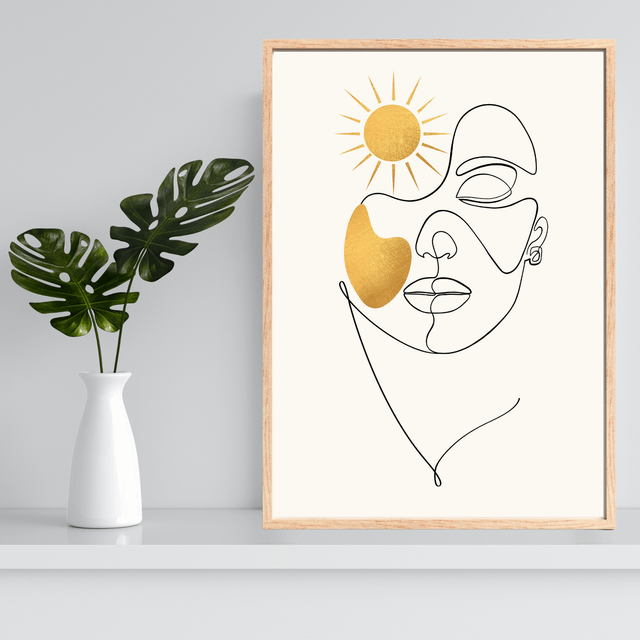 Déesse du Soleil Doré : Impression d'Art en Ligne Féminin Éthéré / Golden Sun Goddess: Ethereal Female Line Art Print
