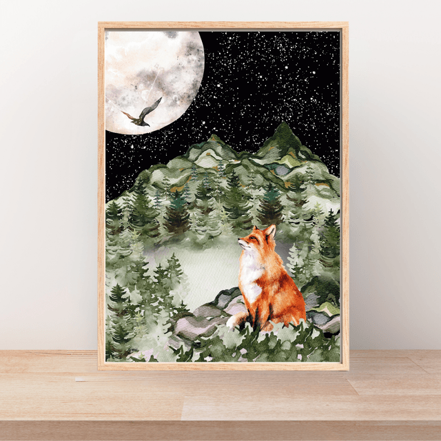 Harmonie : Renard Rouge sous la Pleine Lune - Décoration Murale Envoûtante / Harmony: Red Fox under Full Moon Print - Enchanting Wall Decor