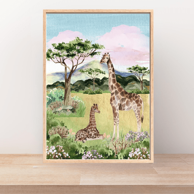 Impression Girafe Reposant dans une Savane Fleurie - Décoration Murale Nature / Giraffe Resting in a Flowered Savanna Print - Nature Wall Decor