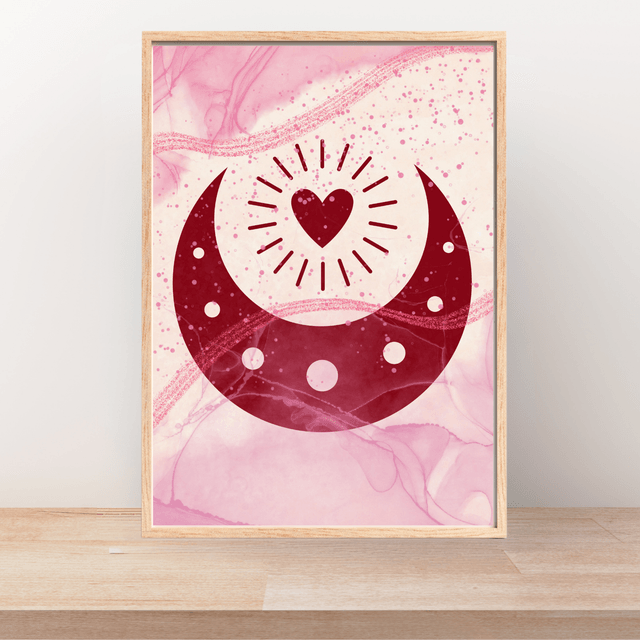 Affiche Demi-Lune Bordeaux & Cœur Rayonnant / Burgundy Half-Moon & Radiant Heart Art Print