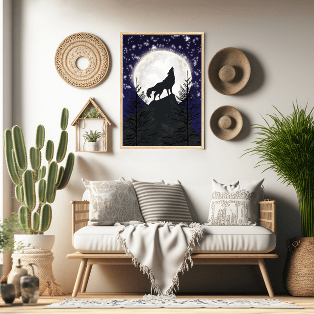 Impression de Loup Hurlant à la Pleine Lune - Décoration Murale Nocturne / Howling Wolf Under the Full Moon Print - Nocturnal Wall Decor