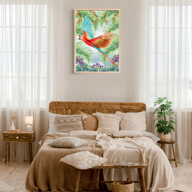 Impression d'Ara Rouge Volant à Travers la Forêt Tropicale - Art Exotique / Scarlet Macaw Flying Through Tropical Forest Print - Exotic Bird Art 