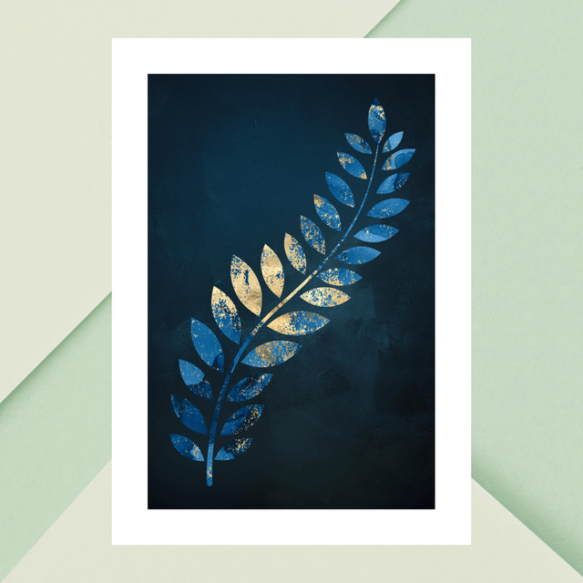Impression Feuille Tropicale Dorée & Bleue - Décoration Murale Exotique / Golden & Blue Tropical Leaf Art Print - Exotic Wall Decor