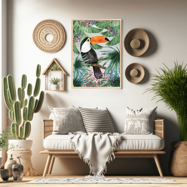 Impression de Toucan sur une Branche avec Feuilles Tropicales - Décoration Exotique / Toucan on a Branch with Tropical Leaves Art Print - Exotic Decor