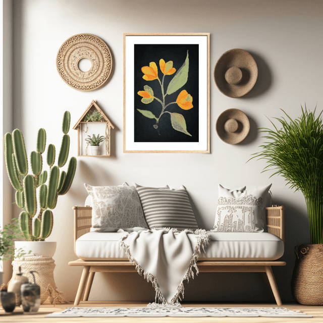 Impression Florale Aquarelle - 4 Lysimaques Jaunes sur Noir avec Bordure Blanche / 4 Yellow Loosestrife Flowers Watercolor Print - with White Border 