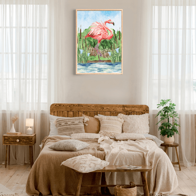 Impression Flamant Rose Debout près de l'Eau - Décoration Murale Exotique / Standing Flamingo Near Water Art Print - Exotic Wall Decor