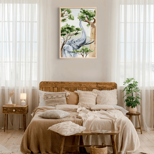 Impression d'Éléphant Attrapant une Branche dans la Savane - Décoration Sauvage / Elephant Reaching for a Branch Art Print - Savannah Wildlife Decor