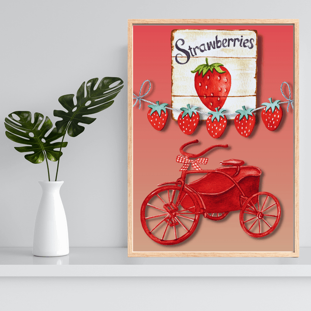  Impression Artistique de Vélo au Marché de Fraises / Strawberry Farm Market Bike: Décoration Murale Charme Rural
