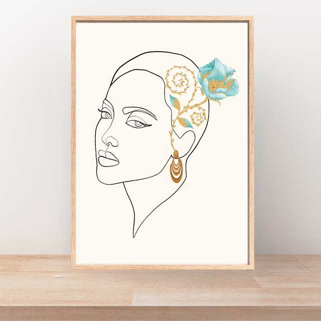  Impression d'Art en Ligne avec Boucle d'Oreille en Or et Rose Bleue / Graceful Muse: Line Art Print with Gold Earring and Blue Rose Adornment