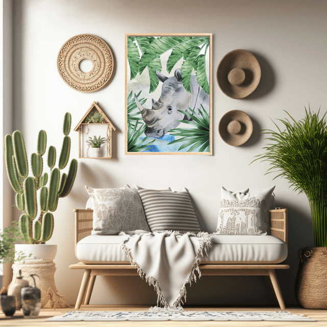 Impression de Rhinocéros Buveur dans un Ruisseau - Décoration Murale Sauvage / Rhino Drinking in a Stream Art Print - Wild Wall Decor