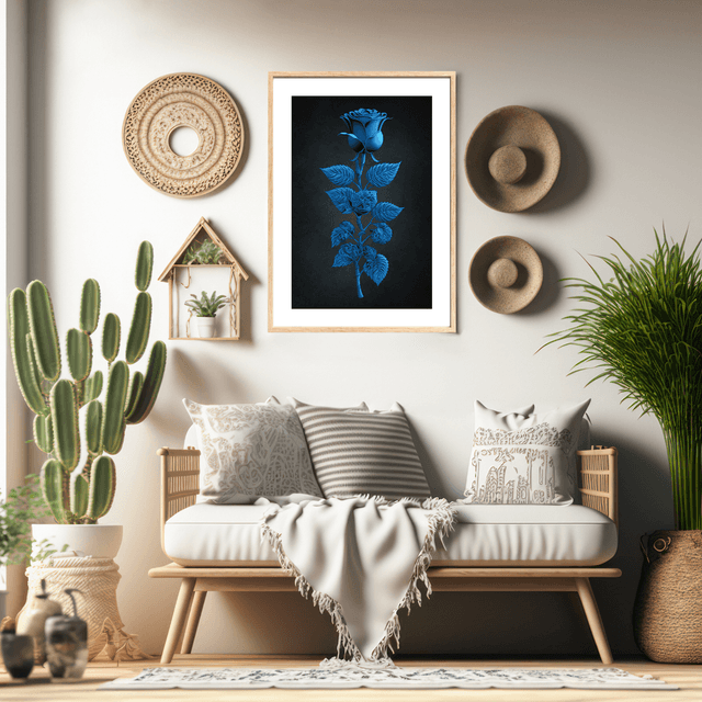 Rose Bleue avec Tige Feuillue Luxuriante / Blue Rose with Lush Leafy Stem: Décoration Murale Murmures de la Natureon 