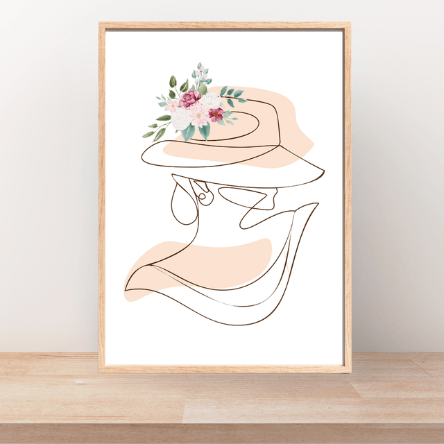 Élégant Art Linéaire Beige - Dame au Chapeau Floral - Art Mural Moderne / Elegant Beige Line Art - Floral Hat Lady - Modern Wall Art  