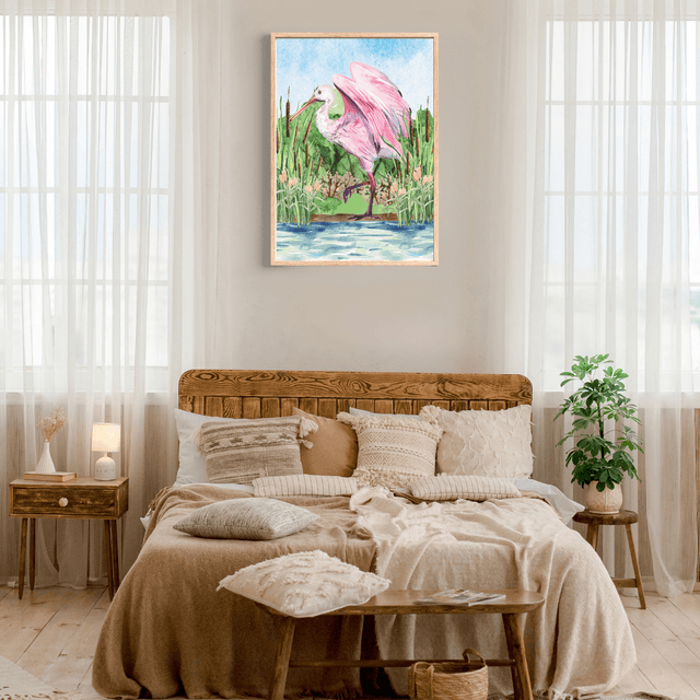 Impression d'une Spatule Rosée sur un Magnifique Lac - Décoration Murale Nature / Roseate Spoonbill on a Beautiful Lake Art Print - Nature Wall Decor