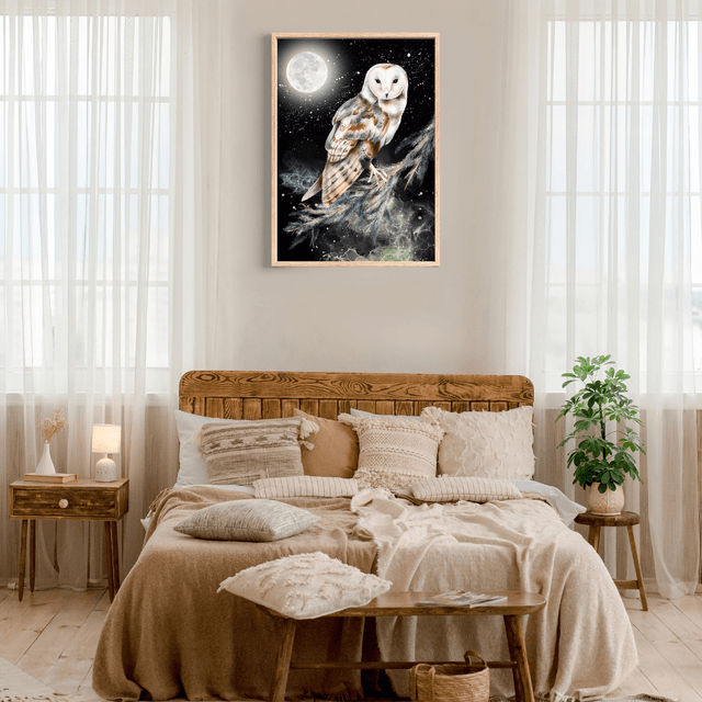 Impression Hibou sur Branche - Nuit Étoilée - Décoration Murale Nocturne / Owl on Branch - Starlit Night Print - Nocturnal Wall Decor