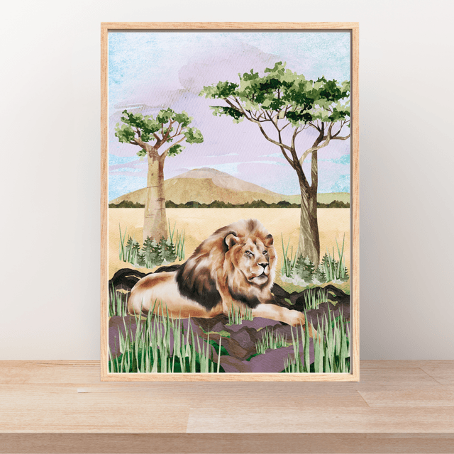 Impression de Lion Reposant dans la Savane - Décoration Murale Sauvage / Savannah Lion Print - Wild Wall Decor