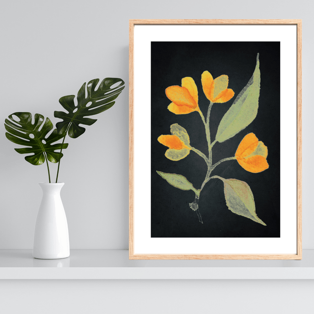 Impression Florale Aquarelle - 4 Lysimaques Jaunes sur Noir avec Bordure Blanche / 4 Yellow Loosestrife Flowers Watercolor Print - with White Border 