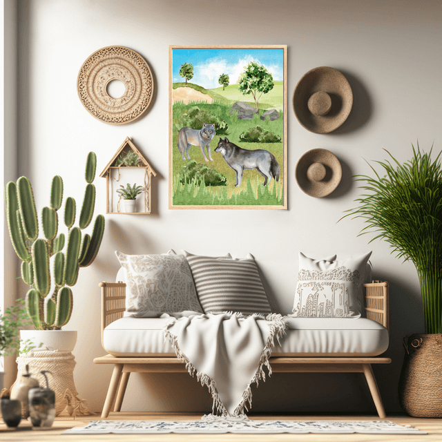 Impression de Loups Gris Jouant dans les Collines - Décoration Murale Nature / Playful Gray Wolves in the Hills Print - Nature Wall Decor