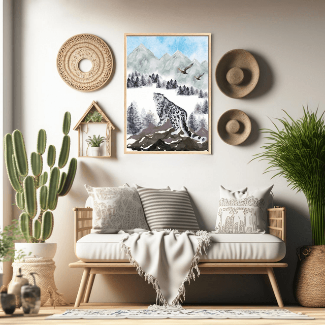 Impression de Léopard des Neiges sur une Montagne / Snow Leopard on Mountain Art Print: Décoration Murale Silent Majesty