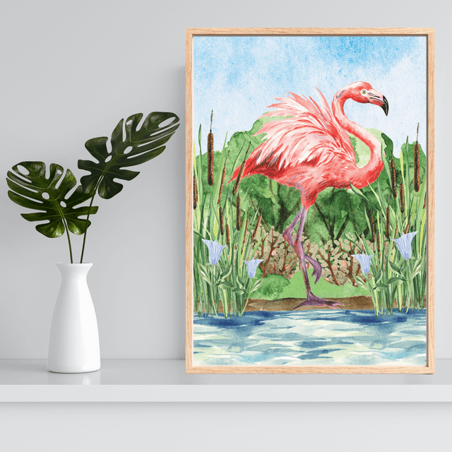 Impression Flamant Rose Debout près de l'Eau - Décoration Murale Exotique / Standing Flamingo Near Water Art Print - Exotic Wall Decor