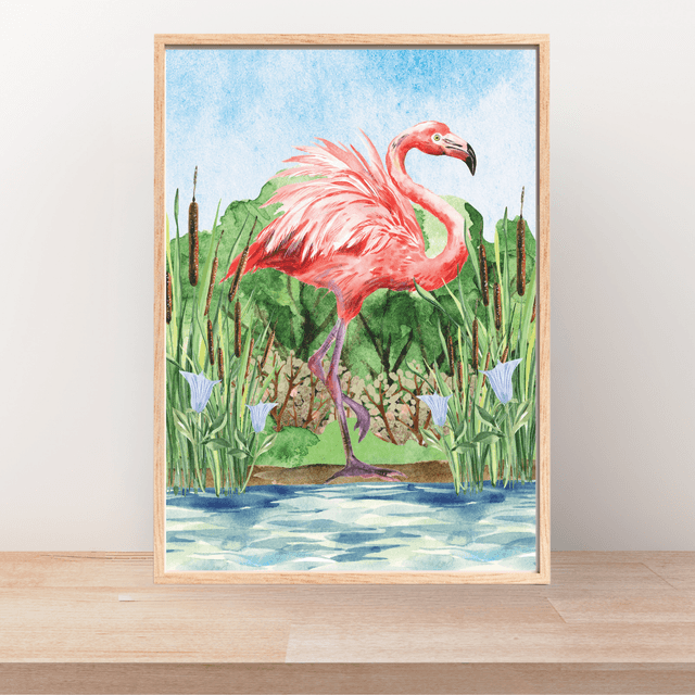 Impression Flamant Rose Debout près de l'Eau - Décoration Murale Exotique / Standing Flamingo Near Water Art Print - Exotic Wall Decor