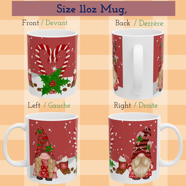 Red Candy Cane Christmas gnomes Accent Coffee Mug, 11oz / Mug de Noël avec Gnomes et Canne en Sucre Rouge, 11oz