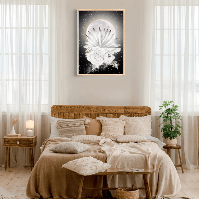Impression de Bouquet de Fleurs Blanches Botaniques sous Pleine Lune - Art Floral / Botanical White Flower Bouquet Under Full Moon Print - Floral Art 