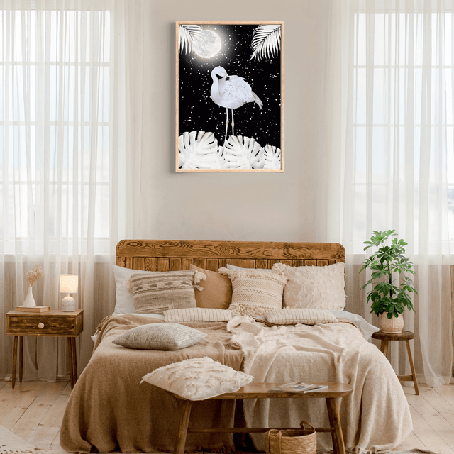 Impression de Flamant Blanc sous Pleine Lune dans un Nuit Étoilée -Art Élégant / White Flamingo Under a Full Moon in a Starry Night Print -Elegant Art