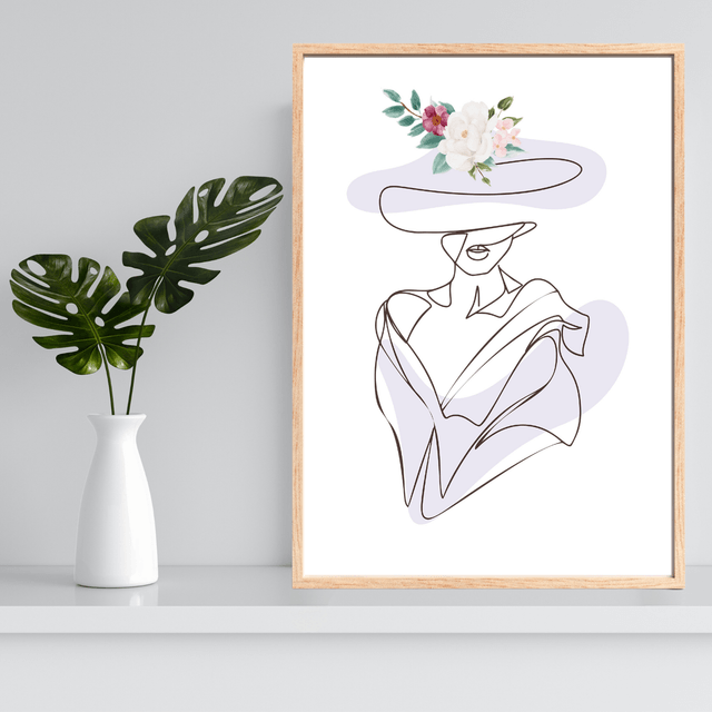  Élégant Art Linéaire Violet - Dame au Chapeau - Art Mural Moderne / Elegant Purple Line Art - Lady in Hat - Modern Wall Art