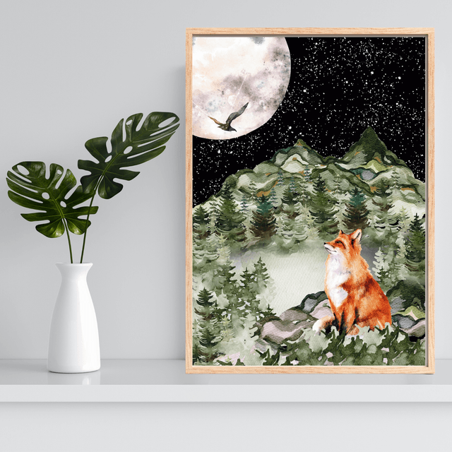 Harmonie : Renard Rouge sous la Pleine Lune - Décoration Murale Envoûtante / Harmony: Red Fox under Full Moon Print - Enchanting Wall Decor