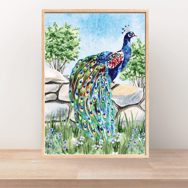 Impression de Paon Debout sur un Mur de Pierre - Décoration Murale Élégante / Peacock Standing on a Stone Wall Print - Elegant Wall Decor