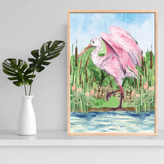 Impression d'une Spatule Rosée sur un Magnifique Lac - Décoration Murale Nature / Roseate Spoonbill on a Beautiful Lake Art Print - Nature Wall Decor