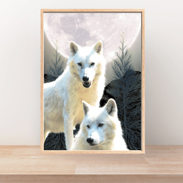 Impression de Deux Loups Blancs sous la Lumière de la Lune / White Wolves Print - Moonlight Serenity
