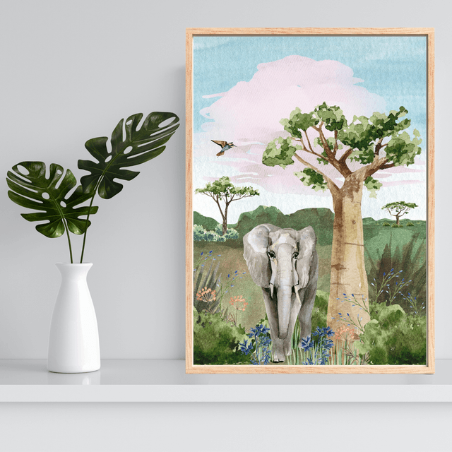 Impression d'Éléphant Sous un Baobab - Décoration Murale Faune Africaine / Elephant Under a Baobab Art Print - African Wildlife Wall Decor