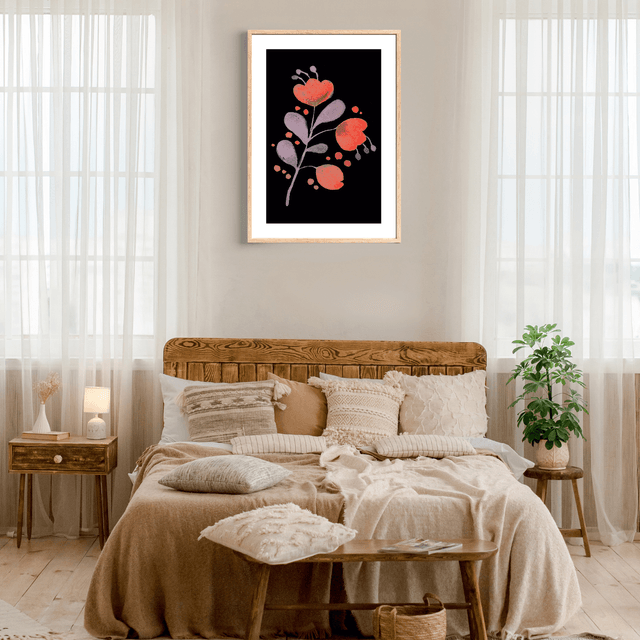 Impression Fleurs Aquarelle Rouge sur Fond Noir - Décoration Murale Botanique / Red Watercolor Flowers on Black Background - Botanical Wall Decor