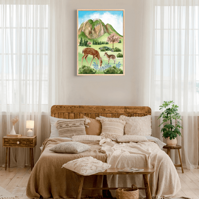 Impression Cerfs Mangeant de l'Herbe dans la Forêt - Art Paysage / Deer Grazing in Forest with Mountain View - Wildlife Landscape Art Print