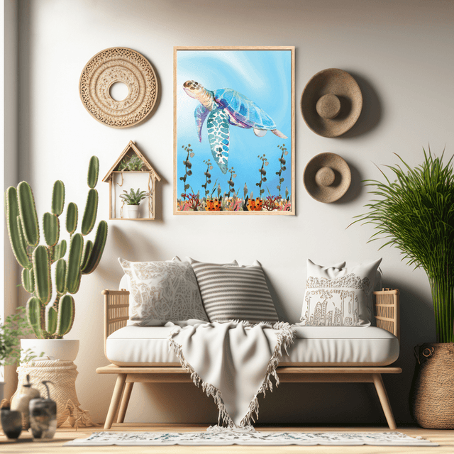 Impression de Tortue de Mer dans le Récif Corallien - Décoration Murale Marine / Sea Turtle in Coral Reef Art Print - Marine Wall Decor