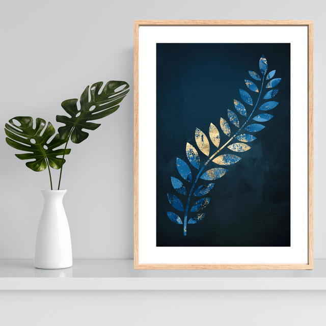 Impression Feuille Tropicale Dorée & Bleue - Décoration Murale Exotique / Golden & Blue Tropical Leaf Art Print - Exotic Wall Decor