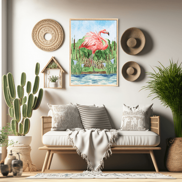 Impression Flamant Rose Debout près de l'Eau - Décoration Murale Exotique / Standing Flamingo Near Water Art Print - Exotic Wall Decor