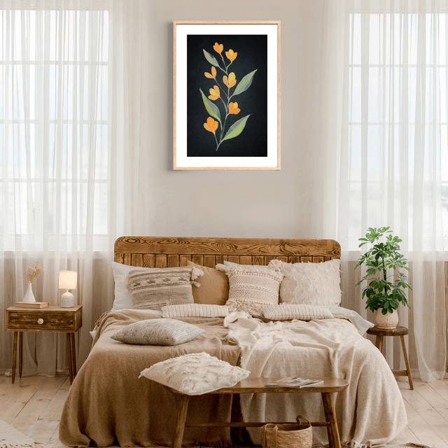 Impression Florale Aquarelle -7 Lysimaques Jaunes avec Bordure Blanche / Floral Watercolor Print - 7 Yellow Loosestrife on Black with White Border