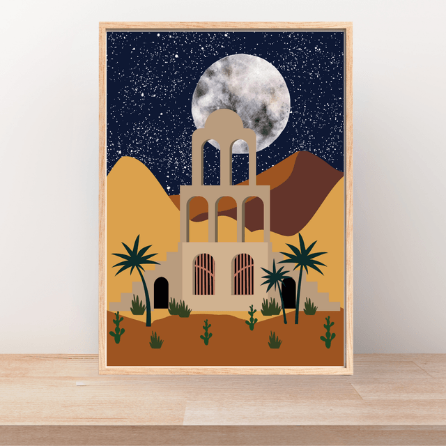 Impression d'Oasis du Désert à la Lumière de la Lune - Décoration Scénique Nocturne /Moonlit Desert Oasis Art Print – Nighttime Scenic Wall Decor 