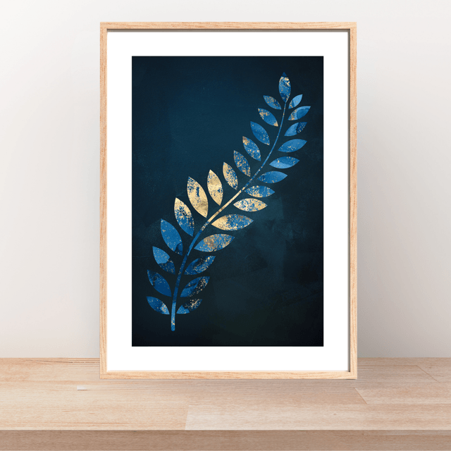 Impression Feuille Tropicale Dorée & Bleue - Décoration Murale Exotique / Golden & Blue Tropical Leaf Art Print - Exotic Wall Decor