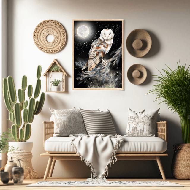 Impression Hibou sur Branche - Nuit Étoilée - Décoration Murale Nocturne / Owl on Branch - Starlit Night Print - Nocturnal Wall Decor