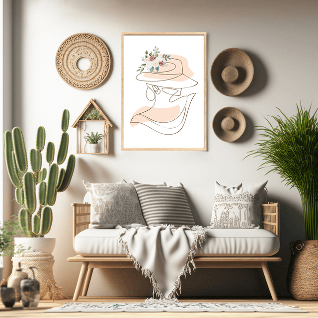 Élégant Art Linéaire Beige - Dame au Chapeau Floral - Art Mural Moderne / Elegant Beige Line Art - Floral Hat Lady - Modern Wall Art  