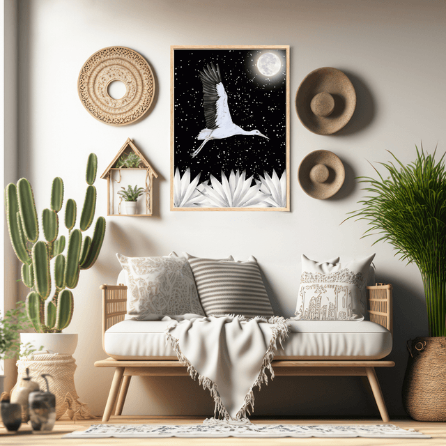 Impression de Cigogne Blanche Volant sous la Pleine Lune - Art Majestueux  / White Stork Flying under the Full Moon Print - Majestic Bird Art 