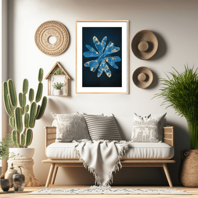 Impression Feuille Bleue et Or sur Fond Bleu Foncé - Décoration Moderne / Blue and Gold Leaf on Dark Blue Background Art Print - Modern Wall Decor