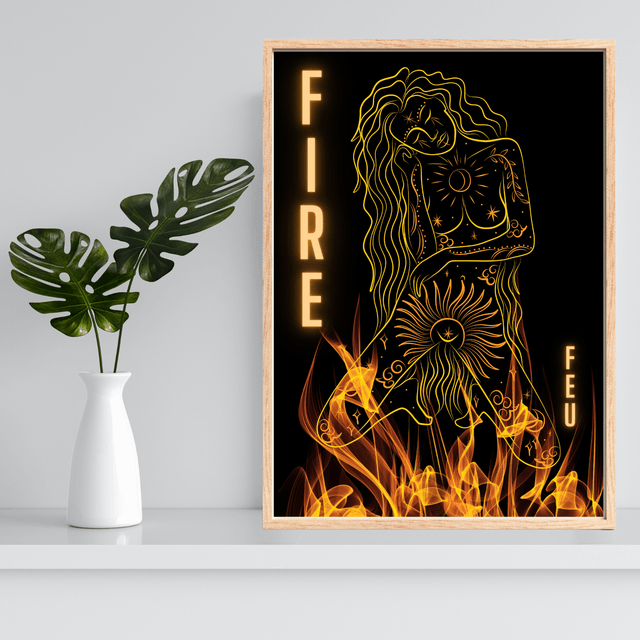 Impression Art Linéaire Féminin Élément Feu - Femme Enveloppée de Flammes / Fire Element Female Line Art Print - Woman Surrounded by Flames