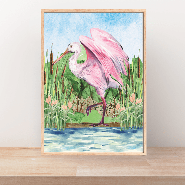 Impression d'une Spatule Rosée sur un Magnifique Lac - Décoration Murale Nature / Roseate Spoonbill on a Beautiful Lake Art Print - Nature Wall Decor