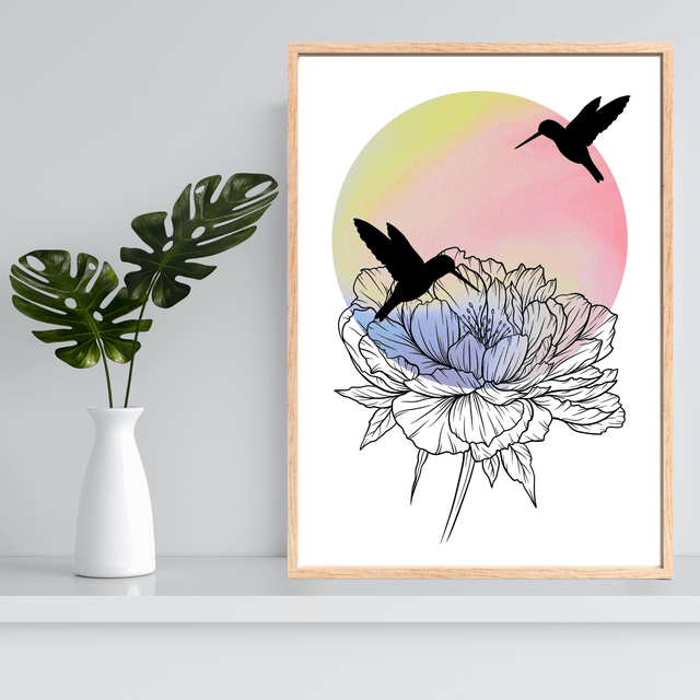 Impression Deux Colibris en Silhouette sur une Fleur - Décoration Murale Nature / Two Hummingbirds Meeting on a Flower Art Print - Nature Wall Decor