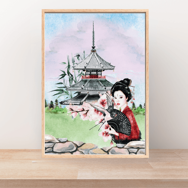 Impression d'Art Élégance Japonaise – Geisha Traditionnelle et Pagode / Japanese Elegance Art Print – Traditional Geisha and Pagoda Wall Decor
