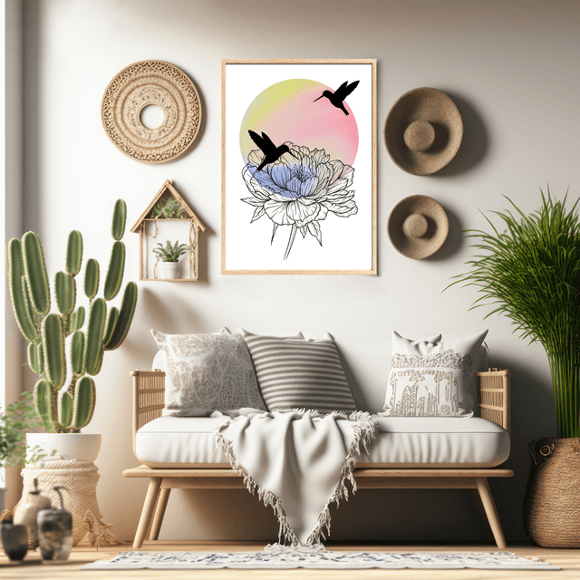 Impression Deux Colibris en Silhouette sur une Fleur - Décoration Murale Nature / Two Hummingbirds Meeting on a Flower Art Print - Nature Wall Decor